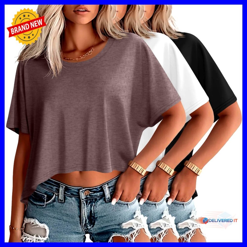 Oversized Cropped T-Shirt 3 Pack, Loose Fit, Crewneck, Summer Casual